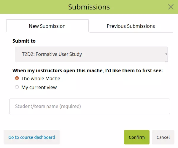 A picture of the submission dialog for submitting a new version of the student's work. The student has selected an assignment to submit to, and what they want their instructor to see. They have not filled out their name yet.